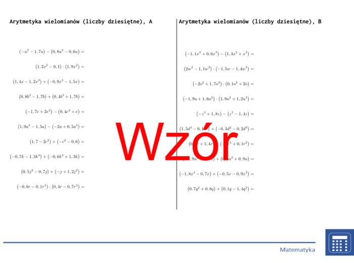 Arytmetyka wielomianów (liczby dziesiętne) | matematyka, algebra | 26 kolumn