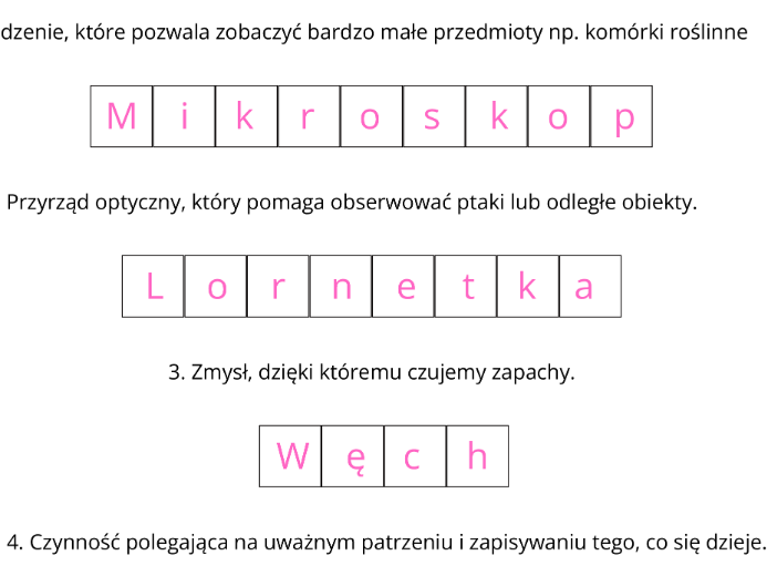 Sposoby poznawania przyrody - krzyżówka do rozwiązania przez uczniów