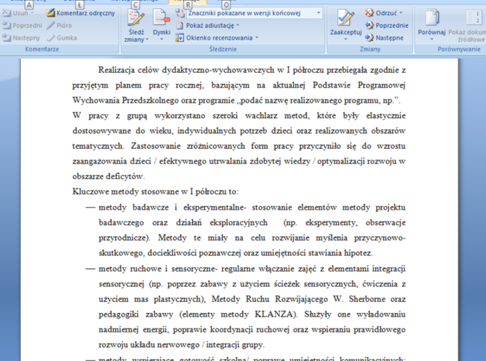 Sprawozdanie nauczyciela przedszkola z pracy dydaktyczno-wychowawczo-opiekuńczej za I półrocze