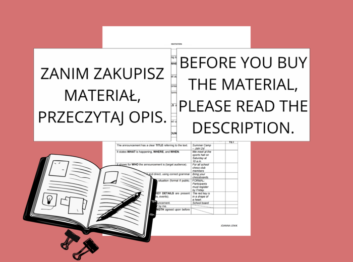 Kryteria pisania ZAPROSZENIA na języku angielskim – klasa VII-VIII | INVITATION criteria writing in English – grades 7-8