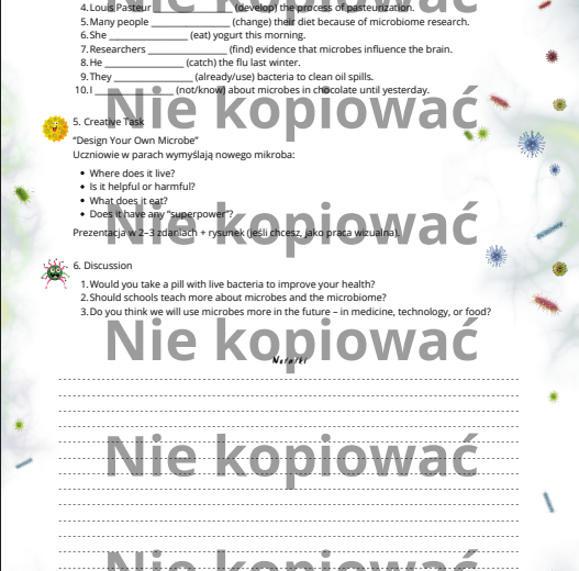 Karta pracy - czytanka "The Secret Life of Microbes" B2 + ćw. Present Perfect v. Past Simple