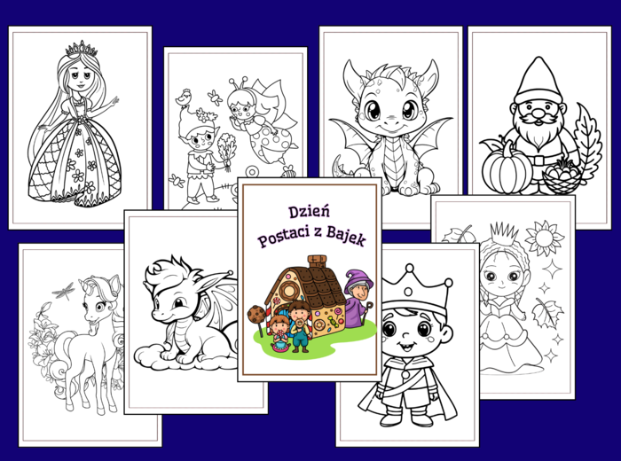 🧙‍♂️🦸‍♀️Kolorowanki - DZIEŃ POSTACI z BAJEK 🧚‍♀️ - 60 kart A4 do druku - biblioteka - świetlica