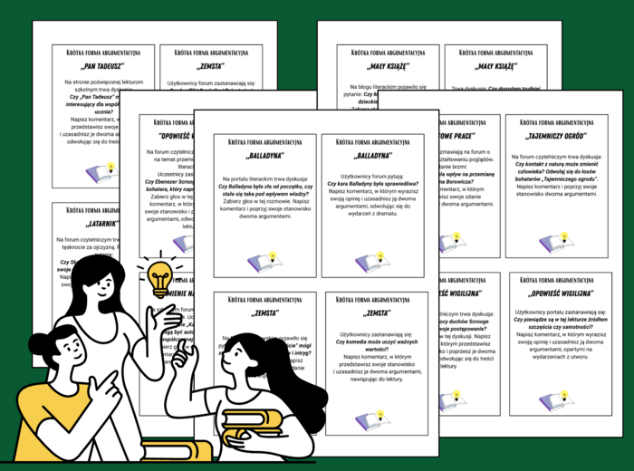 🎴 KRÓTKA  WYPOWIEDŹ  ARGUMENTACYJNA – fiszki – lektury z klas 4-8 – egzamin  - 68 szt.