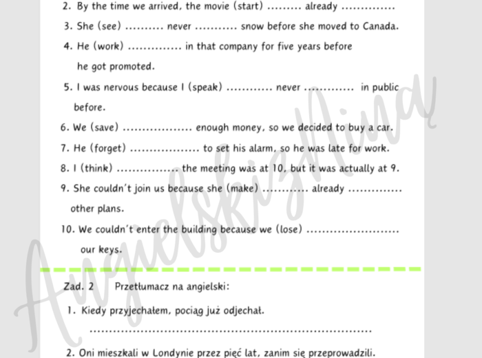 Past Perfect - czas przeszły - karta pracy - ćwiczenia - angielski - B1 / B2 - matura