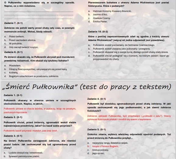 Zestaw testów powtórzeniowych/wprowadzających "Śmierć Pułkownika", "Reduta Ordona", "Świtezianka"