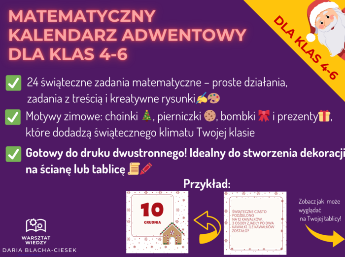 🎄📚 Matematyczny Kalendarz Adwentowy dla klas 4-6 ✨🎁