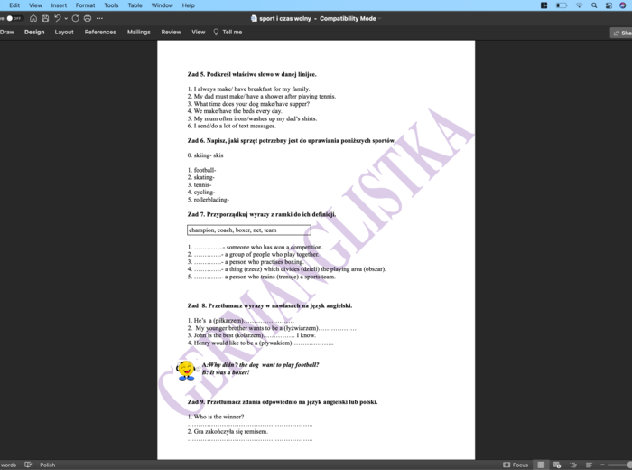 Sport i czas wolny- ćwiczenia powtórzeniowe dla ósmoklasisty i nie tylko