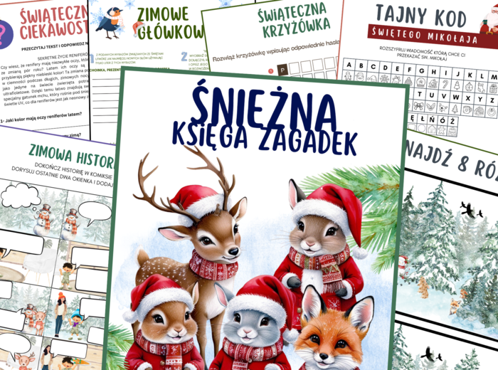 Śnieżna księga zagadek-16 stron! Zadania związane z zimą i świętami, klasy 4-6