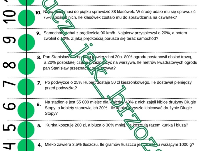 Procenty, zadania tekstowe, klasa 7, sztafeta zadaniowa