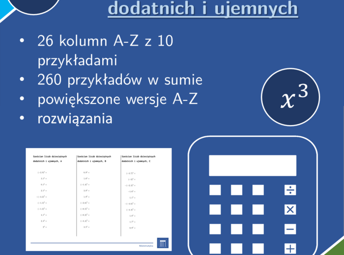 Sześcian liczb dziesiętnych dodatnich i ujemnych | matematyka | 26 kolumn