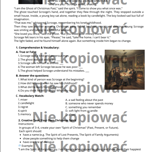 Karta pracy +scenariusz lekcji "The Ghost of Christmas Past" (B1)