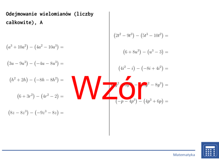 Odejmowanie wielomianów (liczby całkowite) | matematyka, algebra | 26 kolumn