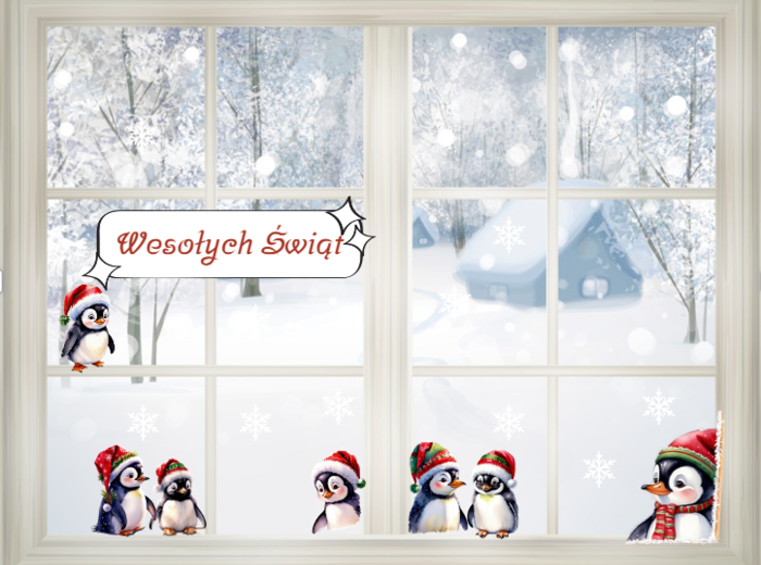 Dekoracja świąteczna bożonarodzeniowa na okno - Pingwinki