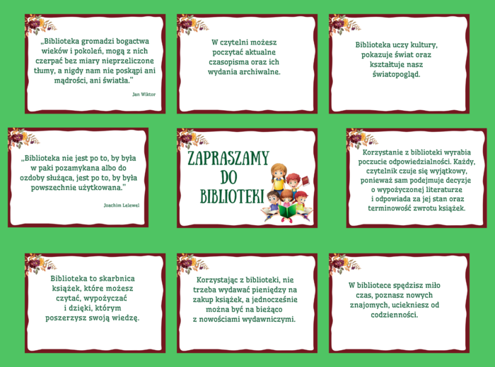 ZAPRASZAMY DO BIBLIOTEKI - biblioteka - gazetka – zalety biblioteki - cytaty – wersja 2