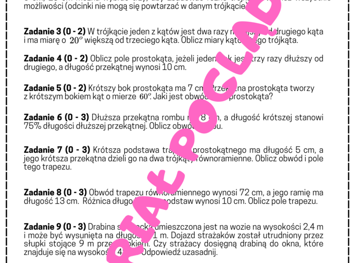 PAKIET Geometria - egzamin ósmoklasisty. Kąty, pola, twierdzenie Pitagorasa, trójkąty 30,60,60 i 45,45,90. Klasa 8. Klasa 7