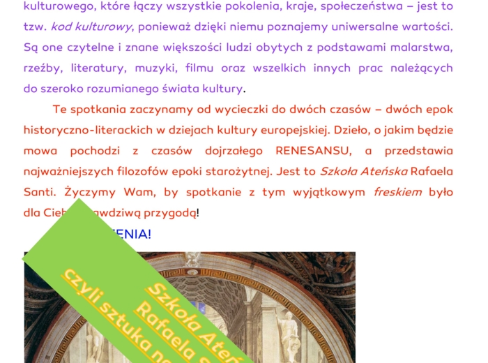 "Szkoła Ateńska" Rafaela Santi - praca z dziełem sztuki na języku polskim