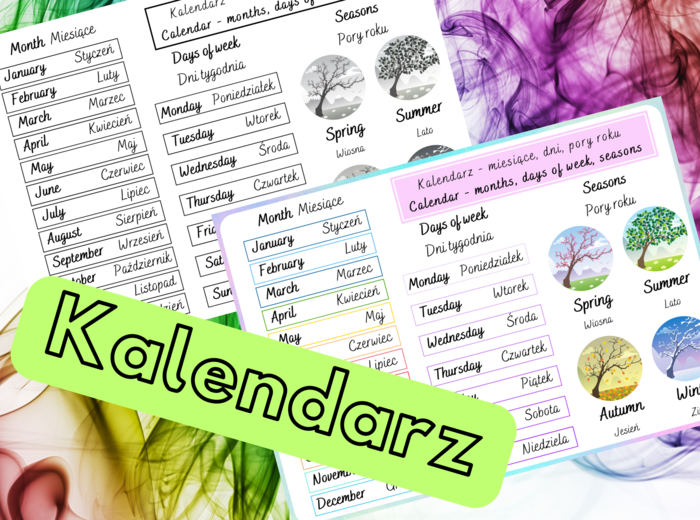 Kalendarz - angielska wklejka do zeszytu - PLAKAT