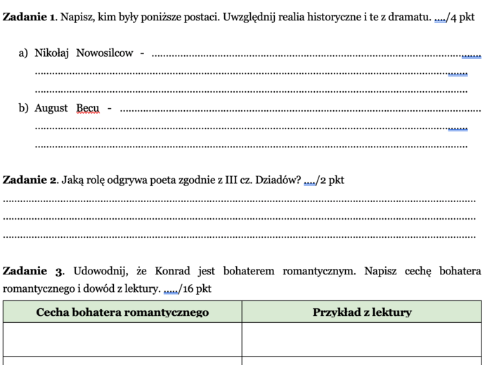 Dziady cz. III - sprawdzian