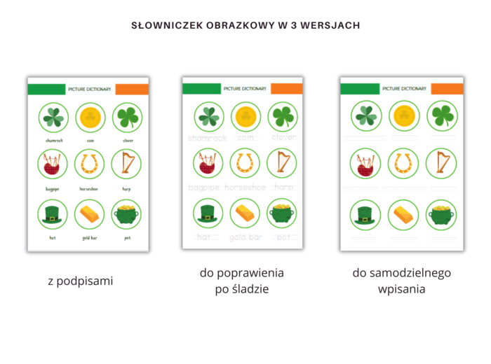 Saint Patrick's Day for Young Learners - Dzień Świętego Patryka dla uczniów klasy 1-2, zestaw, karty pracy, ćwiczenia na słownictwo, części garderoby, przyimki miejsca,