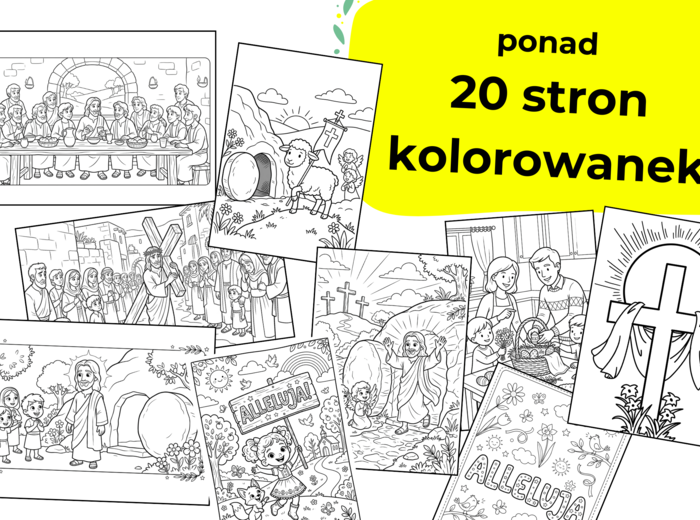 Kolorowanki wielkanocne — Zmartwychwstanie i wydarzenia paschalne (PDF, 20 stron). Zestaw ilustracji do druku