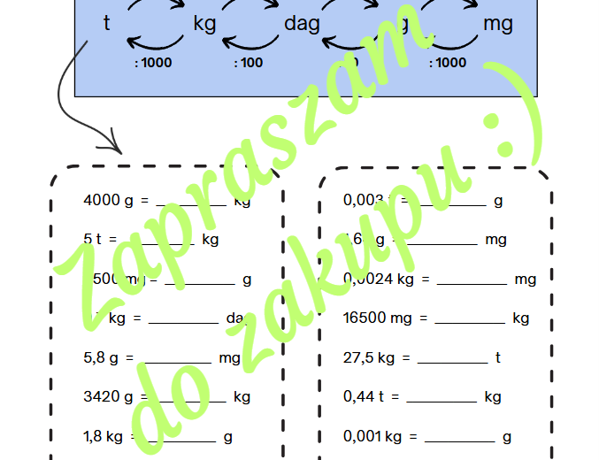 Zamiana jednostek masy - karta pracy/kartkówka z odpowiedziami.
