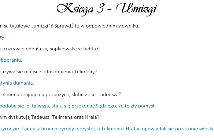 "Pan Tadeusz" - pytania do ksiąg