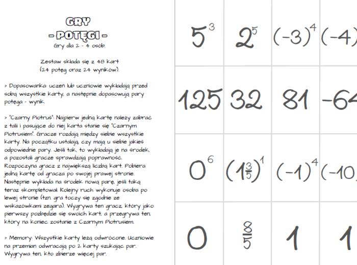 Potęgi - gry dydaktyczne klasa 7,8