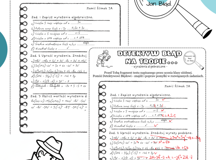Detektyw Błąd na tropie. Wyrażenia algebraiczne. Klasa 7. Klasa 8