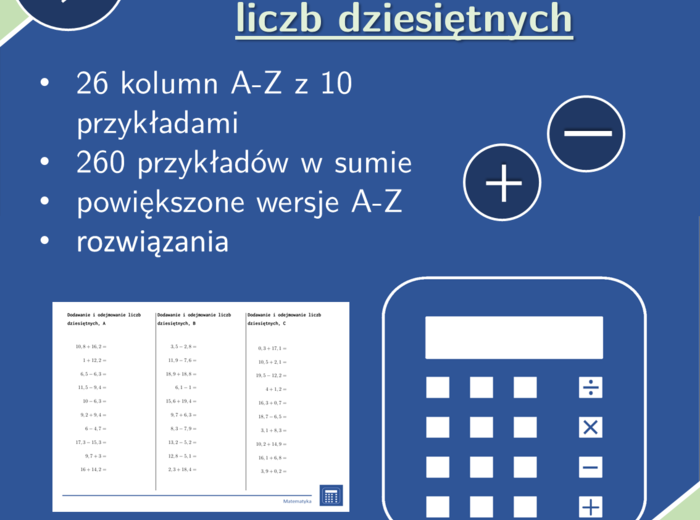 Dodawanie i odejmowanie liczb dziesiętnych | matematyka | 26 kolumn