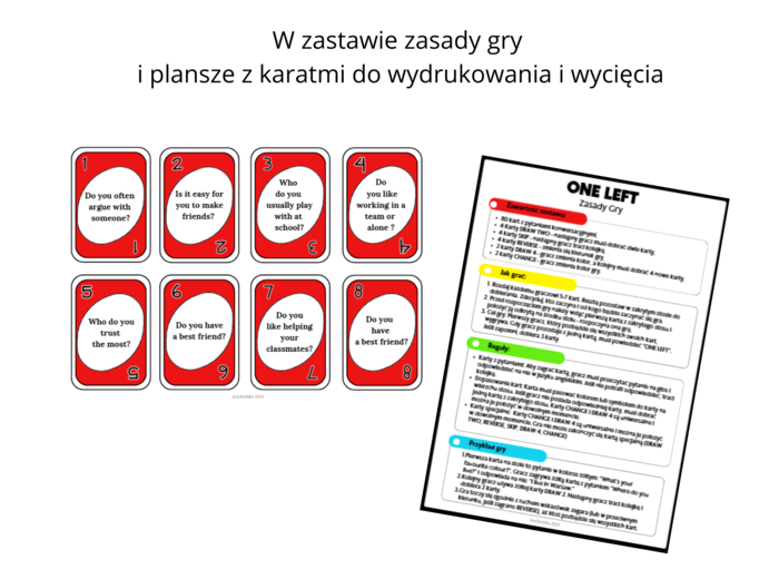 ONE LEFT GAME Break the ice Gra Karciana konwersacyjna na przełamanie lodów Pierwsza lekcja Poziom a1-a2 język angielski