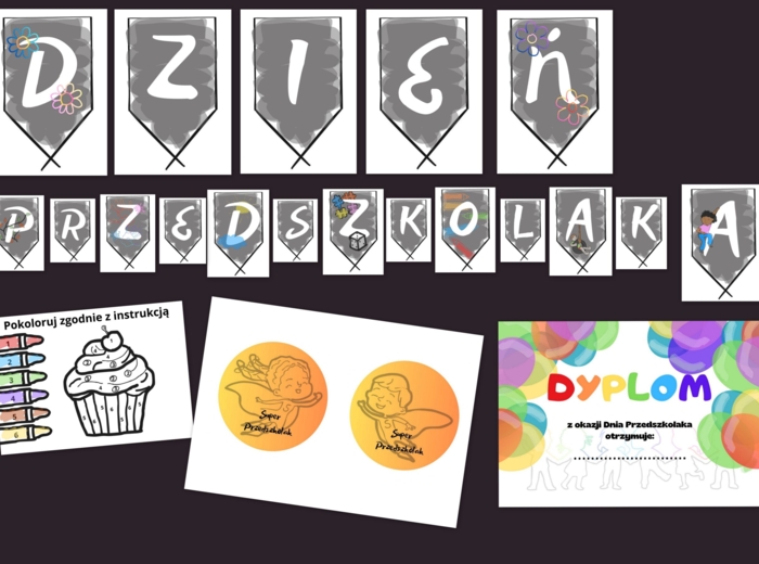 Dzień przedszkolaka - napis, dyplom, 1x koloruj po numerach, medale (chłopiec, dziewczynka)