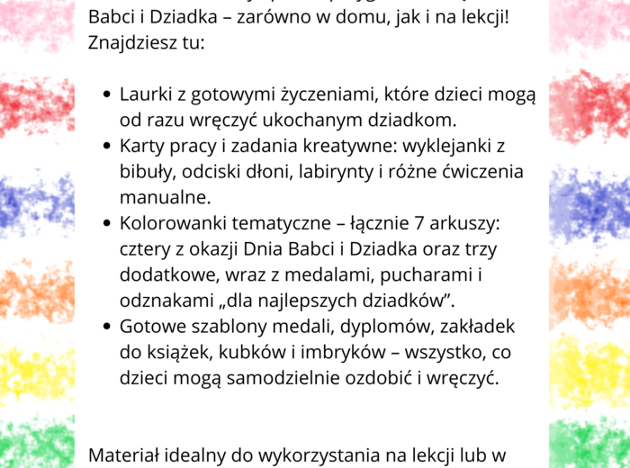 PAKIET- SCENARIUSZ+KARTY PRACY I LAURKI NA DZIEŃ BABCI I DZIADKA
