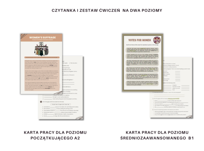 Women's Suffrage - Reading comprehension and vocabulary worksheet - Prawa Wyborcze Kobiet w Wielkiej Brytanii, Sufrażystki, Czytanie ze zrozumieniem, słownictwo - Karty pracy z języka angielskiego na dwa poziomy zaawansowania - podstawowy i średniozaawan