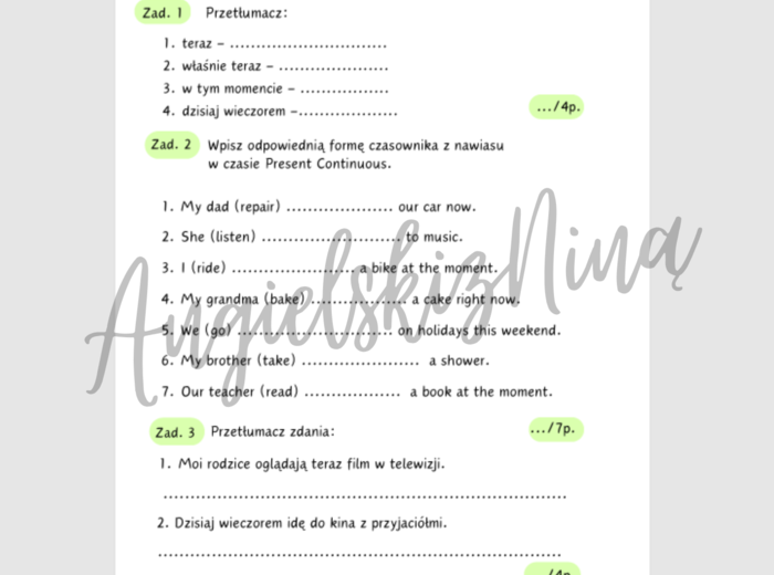 Present Continuous – Check yourself! – kartkówka – test – karta pracy – ćwiczenia – powtórzenie – kl. 4, 5 – A2