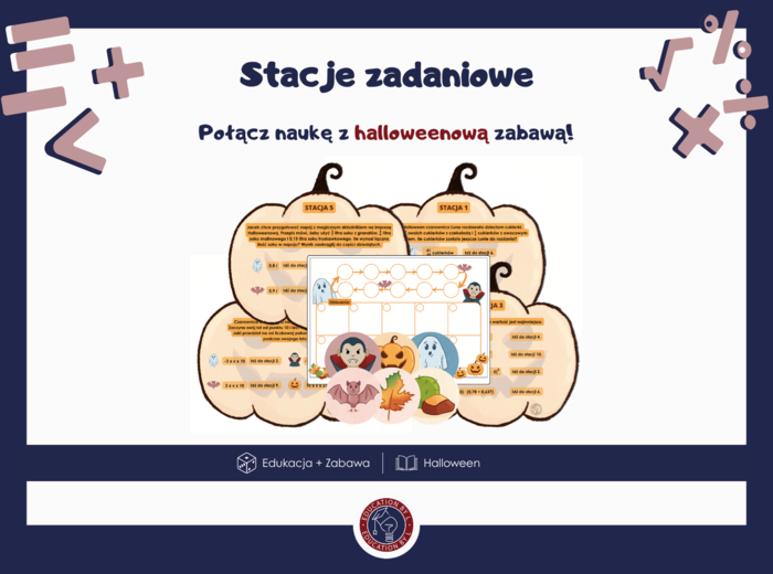 Stacje zadaniowe – Halloweenowa powtórka z matematyki | 10 zadań i naklejki dla uczniów | Gotowe do druku