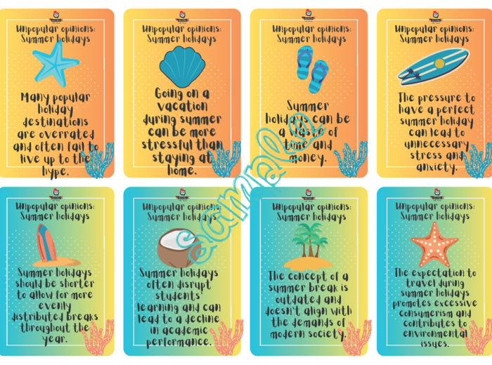 Unpopular Opinions: Summer Holidays Edition Speaking Discussion Cards Before or After Holidays A2-C1 3 x 64