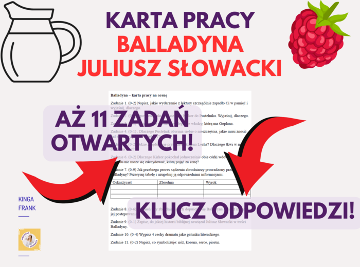 BALLADYNA - karta pracy, 11 pytań otwartych, klucz odpowiedzi, #egzaminósmoklasisty #lekturaobowiązkowa