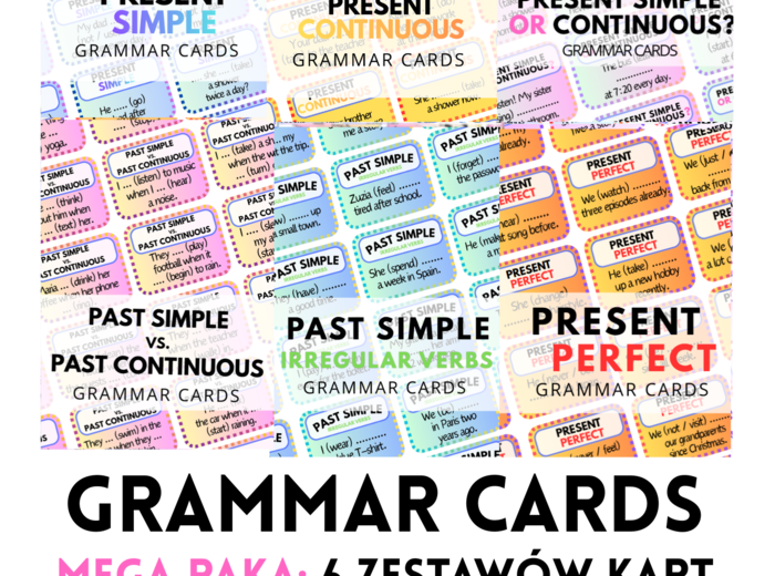 ZESTAW: MIX CZASÓW - GRAMMAR CARDS - 6 zestawów - 572 kart - czasy - uzupełnianie luk - gramatyka - Present Simple - Present Continuous - Past Simple - Present Perfect - Past Continuous