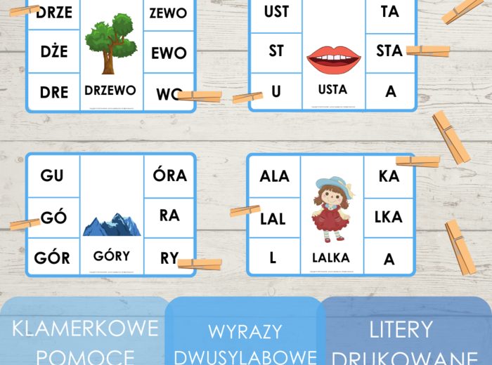 Klamerkowe pomoce - wyrazy dwusylabowe - litery drukowane