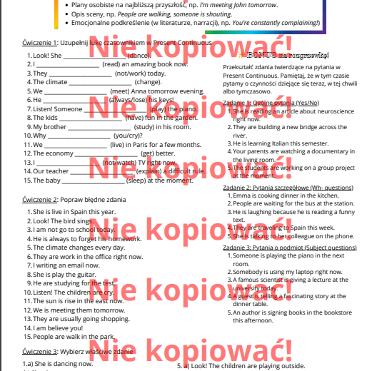 Karta pracy 🌟 Grammar in Action – ćwiczenia z Present Simple, Present Continuous i Present Perfect! 🌟 B1-B2