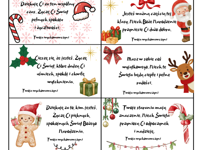 Życzenia dla uczniów - bileciki świąteczne dla klas 4-8
