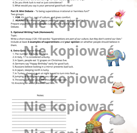 Karta pracy z czytanką Superstitions Around the World B1+/B2