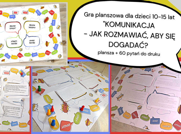 Gra planszowa „Komunikacja – jak rozmawiać, aby się dogadać? Plansza + 60 pytań” dla dzieci i młodzieży 10-15 lat” – pomoc edukacyjna do druku
