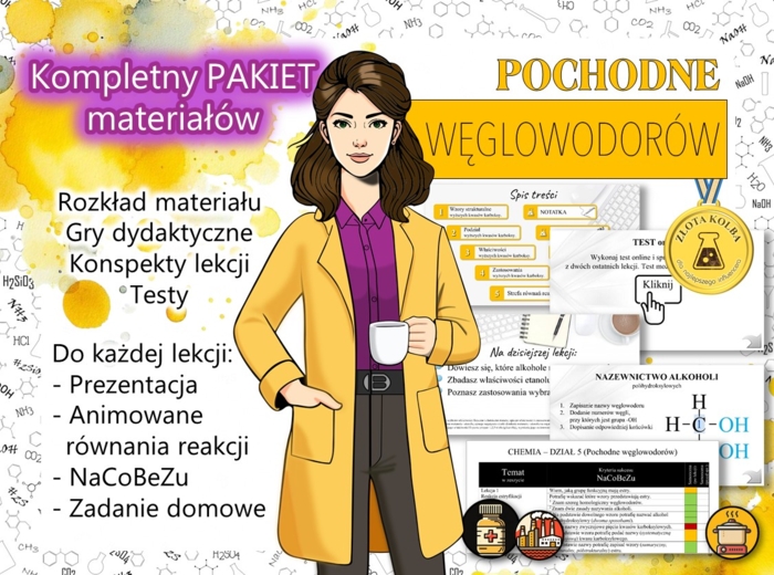 Chemia. Klasa 8. Pochodne węglowodorów. Alkohole. Kwasy karboksylowe. Estry. Aminokwasy. Kompletny PAKIET materiałów do całego działu dla nauczyciela. Prezentacja. Karta pracy. Gra dydaktyczna. Zadanie. Sketchnotka. Powtórzenie wiadomości. TEST. Kartkówk