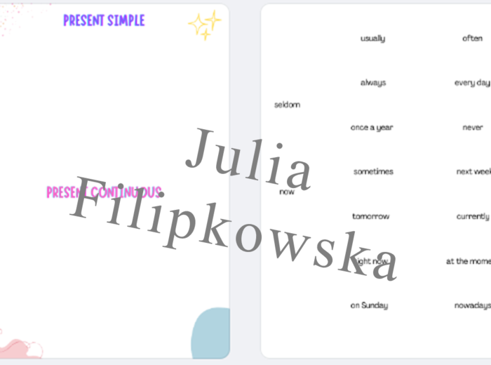 Present Simple vs Present Continuous/ signal words/ plansza / określenia czasu/ porównanie/ dopasowanie/ przyklejanie/ rozgrzewka/ warm-up/ Klasy 4-6/ Klasa 6