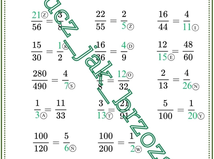 Skracanie i rozszerzanie ułamków, klasa 4, karta pracy z hasłem