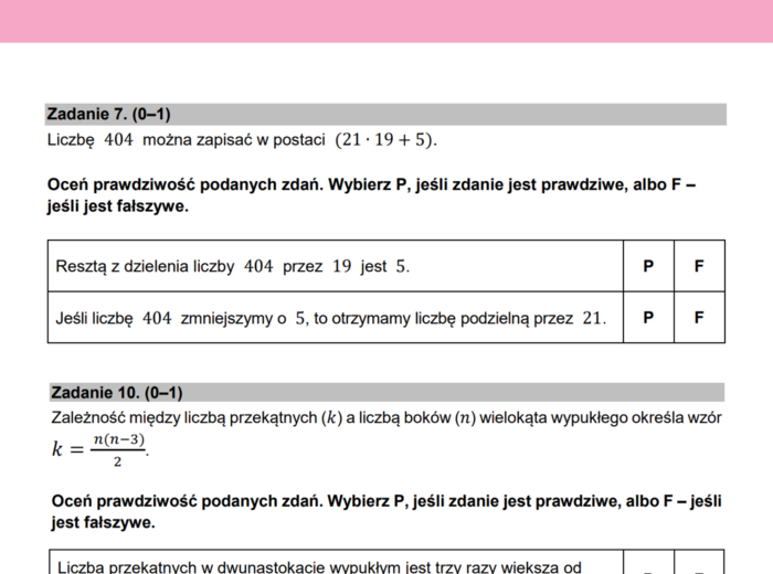 Zadania typu Prawda / Fałsz z E8 z matematyki