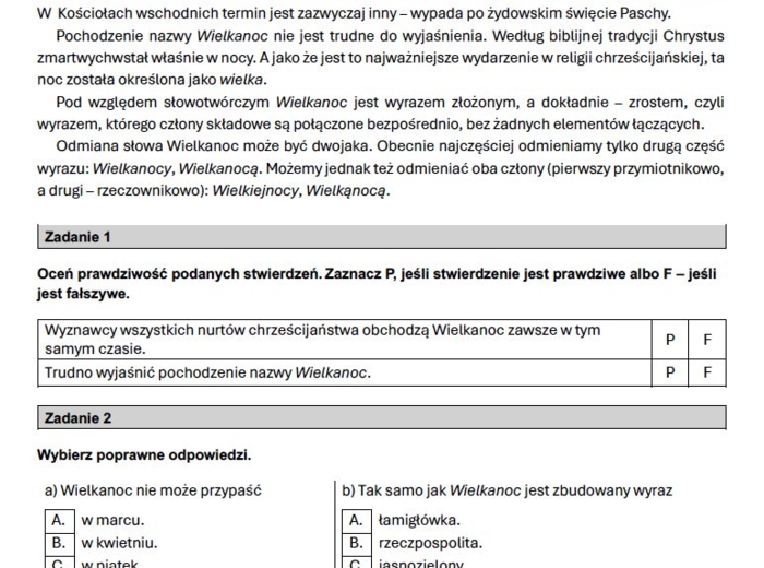 Test wielkanocny dla klas 7-8