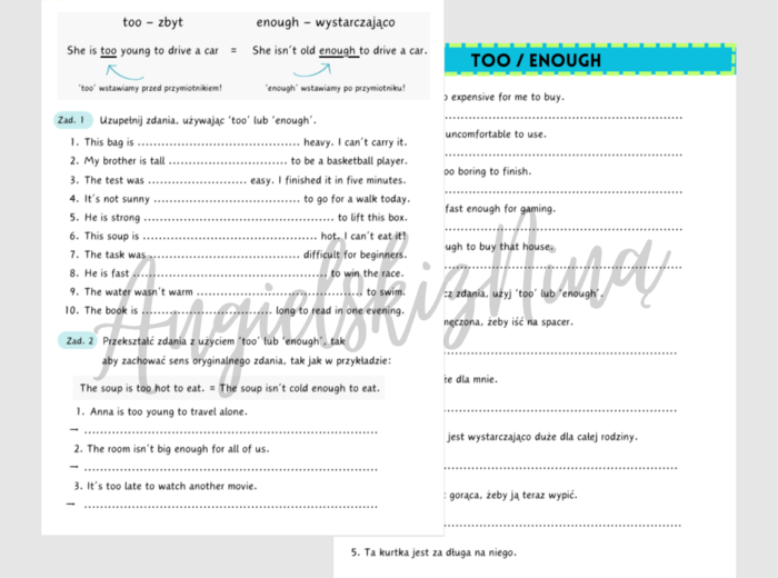 TOO vs. ENOUGH - karta pracy - ćwiczenia - zadania - przymiotniki - powtórka - egzamin ósmoklasisty - matura
