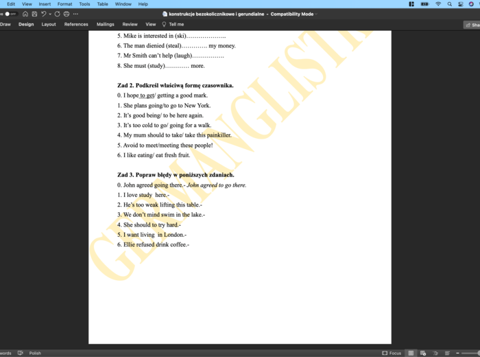 Konstrukcje bezokolicznikowe i gerundialne - ćwiczenia dla uczniów szkół podstawowych